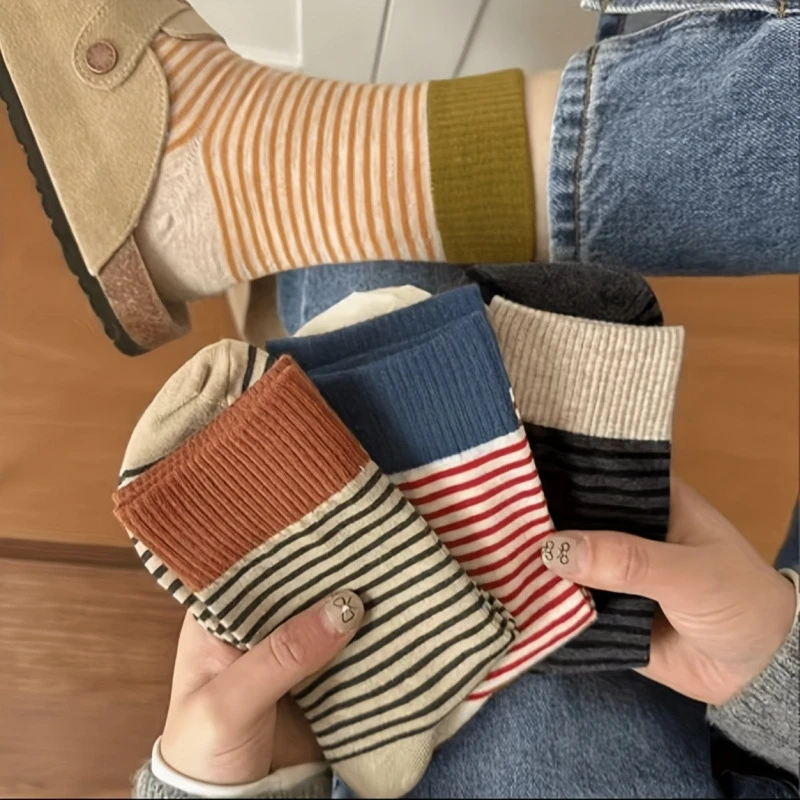 

5/10 Pairs Women's Autumn Winter Striped Knitted Mid Tube Socks Fashionable College Style Soft Comfortable Casual Socks