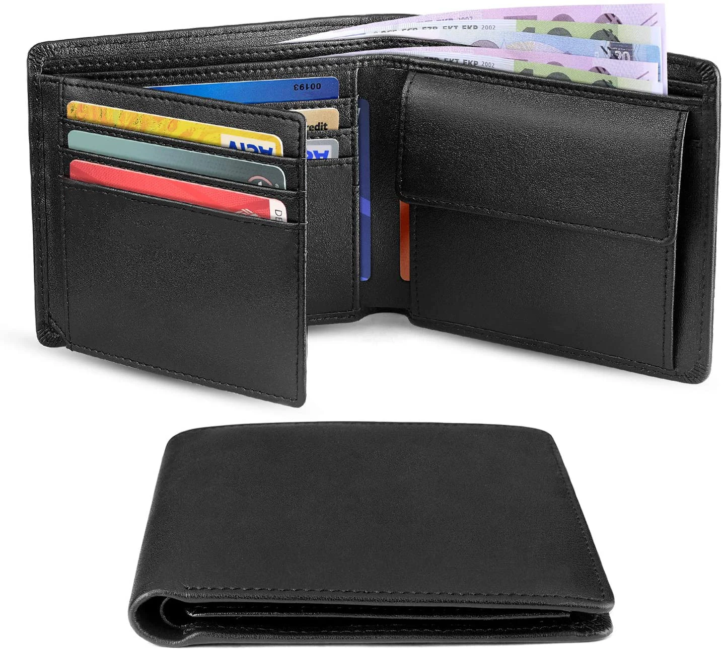Geldbörsen für Herren, schmal, RFID-blockierend, echtes Leder mit Münzfach, 2 Banknotenfächer, 10 Kreditkarteninhaber, Geldbörse für Herren – Detail 1