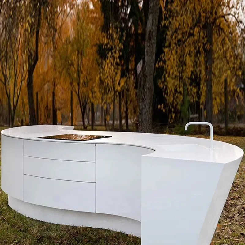 Modern White Kitchen Workbench with Sink and Cabinets Island Counter