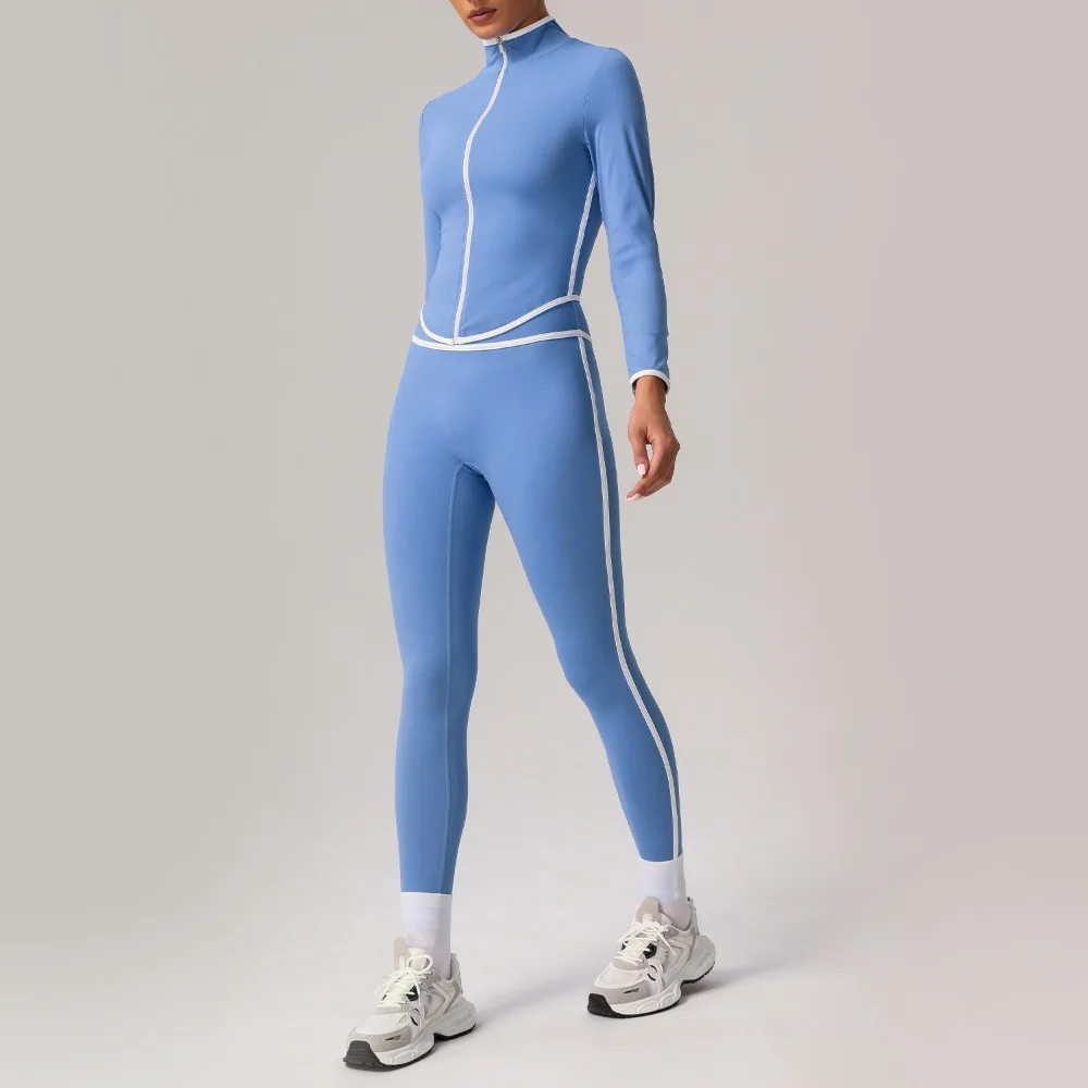 Women's New Quick Drying Sports Yoga 2-piece Set with Long Sleeved Suspenders, Contrasting Colors, High Waist, Concave Curves