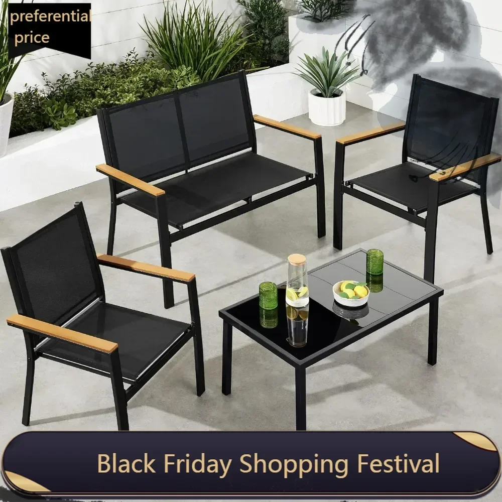 4-Piece Outdoor Textilene Patio Conversation Set, Backyard Furniture w/Loveseat, Coffee Table, Steel Frame