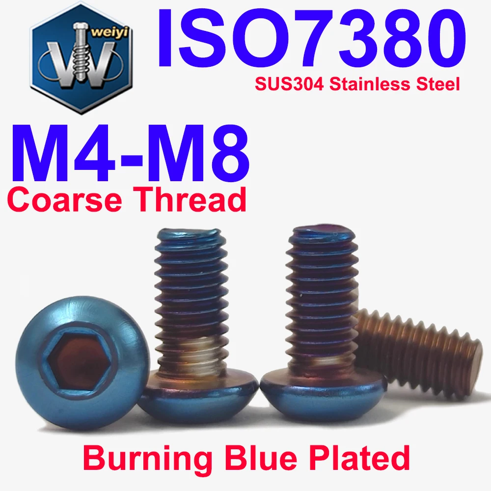 Weiyi M4 M5 M6 M8 ISO7380 A2 Stainless Steel Blue Titanium Coated Hex Socket Screw Button Head Allen Bolt For Bike Motorcycle