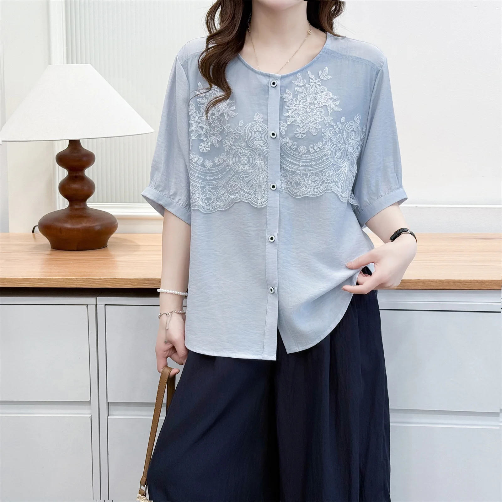 2026 Summer Plus Size Embroidery Spliced Open Blouse Round Neck Short Sleeve Elegant Daily Versatile Shirt Curvy Ladies 2620 view 2