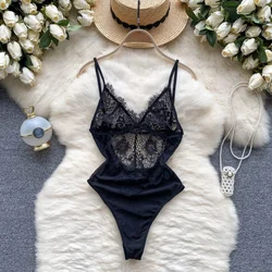 Lace Patchwork Strappy Camisole Jumpsuit Hollow Out Slim Bodysuit Women's Sexy See-through Erotic Porngraphic Lingerie Backless