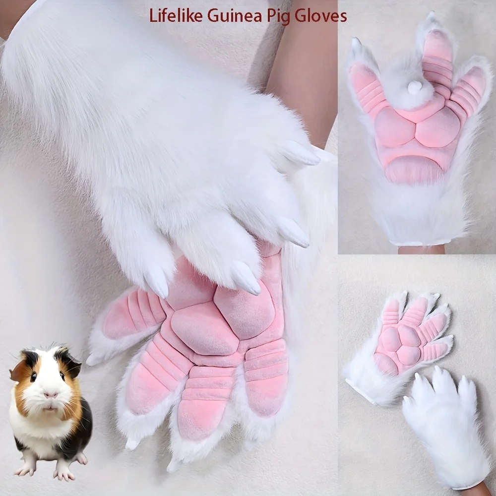 Plüsch-Meerschweinchen-Pfoten-Handschuhe Synthetischer Fell-Stil Fursuit-Handpfoten Cosplay-Kostüm mit Rosa Pfotenpolstern