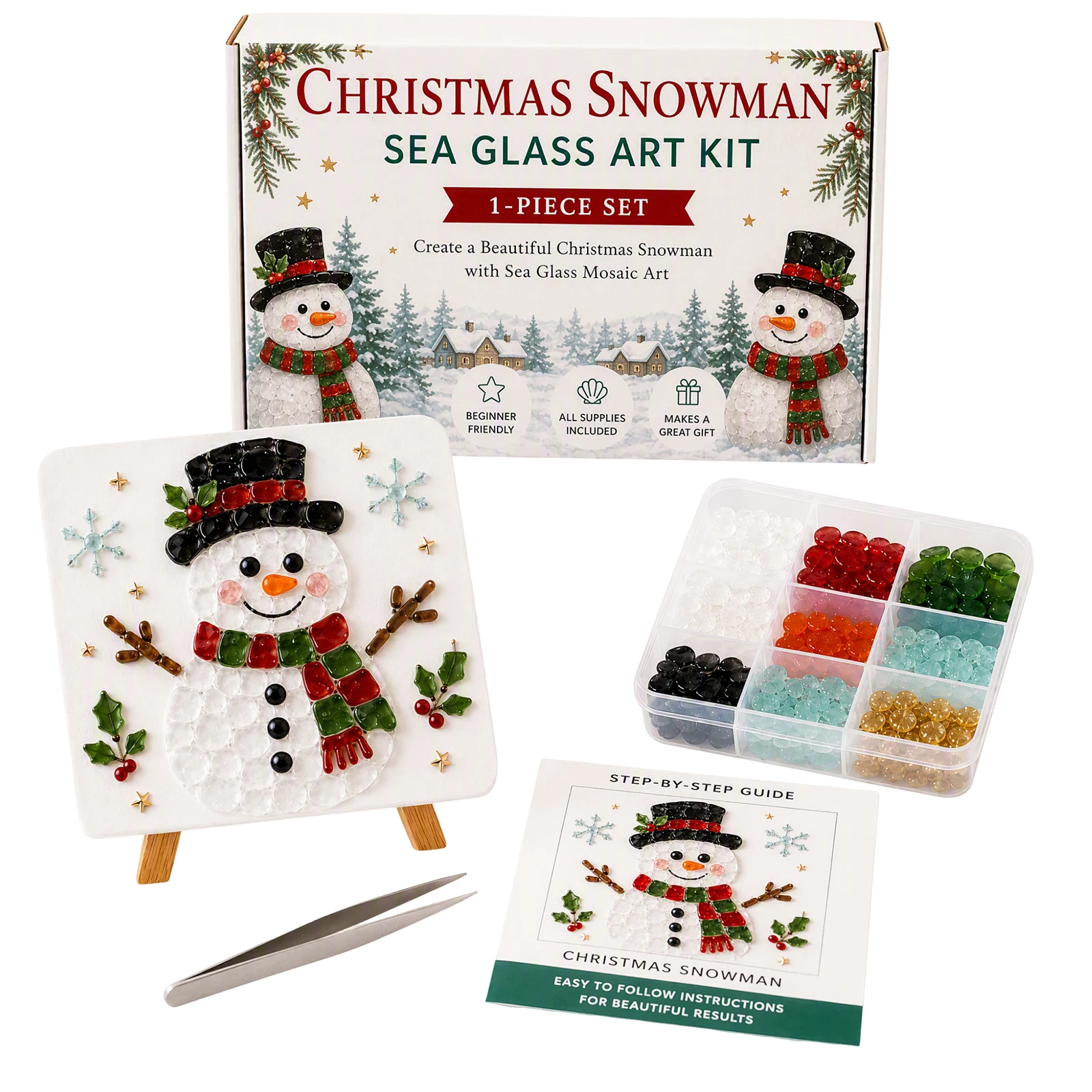 Sea Glass Mosaic Art Kit DIY Christmas Reindeer Craft Set Holiday Home Decor with Tweezers Stand Complete Tools view 4