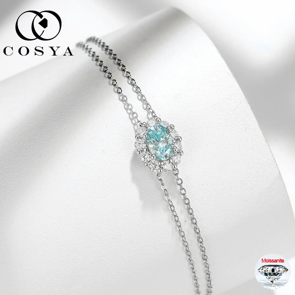 

COSYA S925 Серебро 1CT Овальный браслет Параиба для женщин Свадебная лаборатория Сверкающий браслет-цепочка с бриллиантами Тонкий подарок