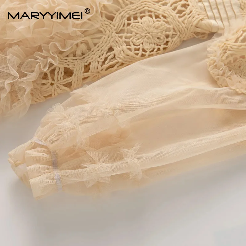 MARYYIMEI Soli Pilz Langarm Kleid Für Frauen Haken blume hohl Elegante Lange S-4XL Kleider Party Prom Kleidung