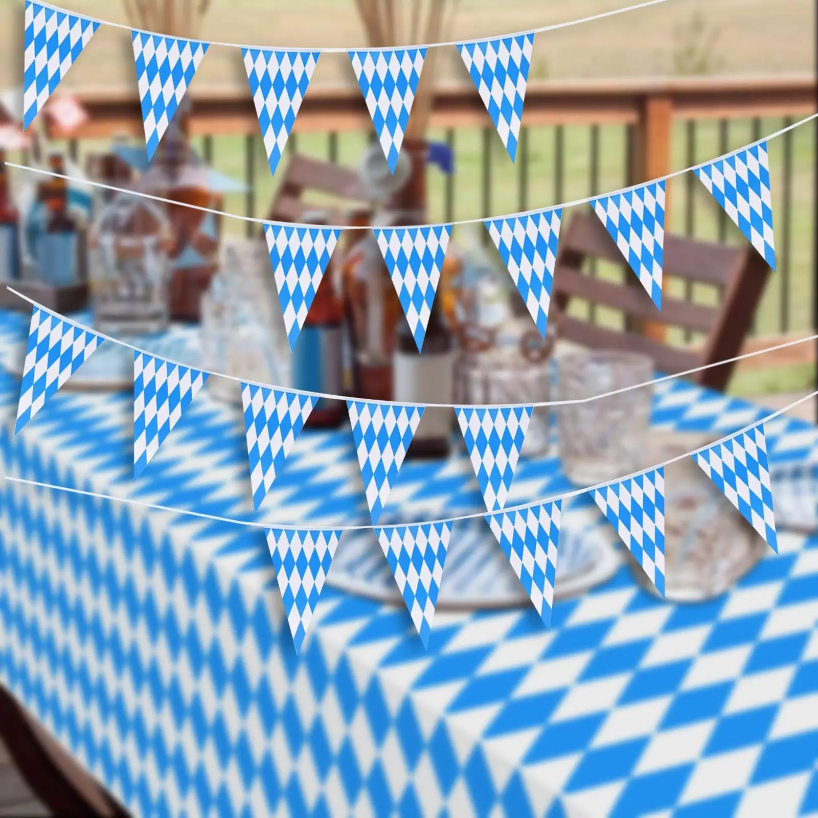 Blue White Checkered Oktoberfest Festival Flag Banner Waterproof PE Plastic 20 Flags 5m for Indoor Outdoor Bar Restaurant Party