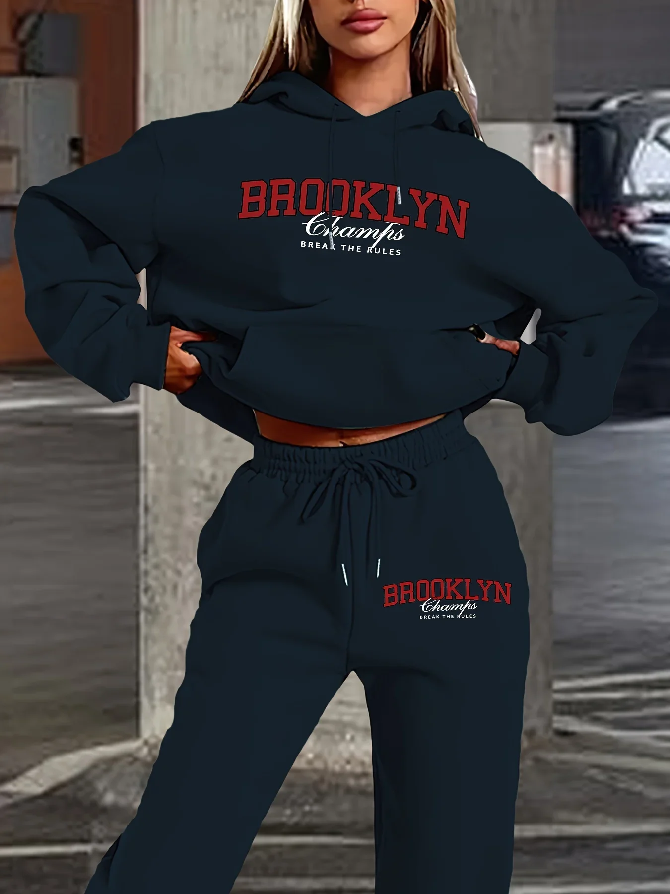 

Women's Cool Printed Casual Pants Set Long Sleeve Pocket Hoodie and Drawstring Letter Print Loose Sweatshirt Trousers Pants