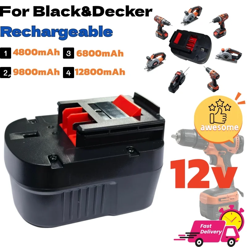 Power Tool Ni‑MH Battery 12V 4800‑12800Mah Replacement For Black&Decker BDG1200K BDG14SF‑2 BD18PSK