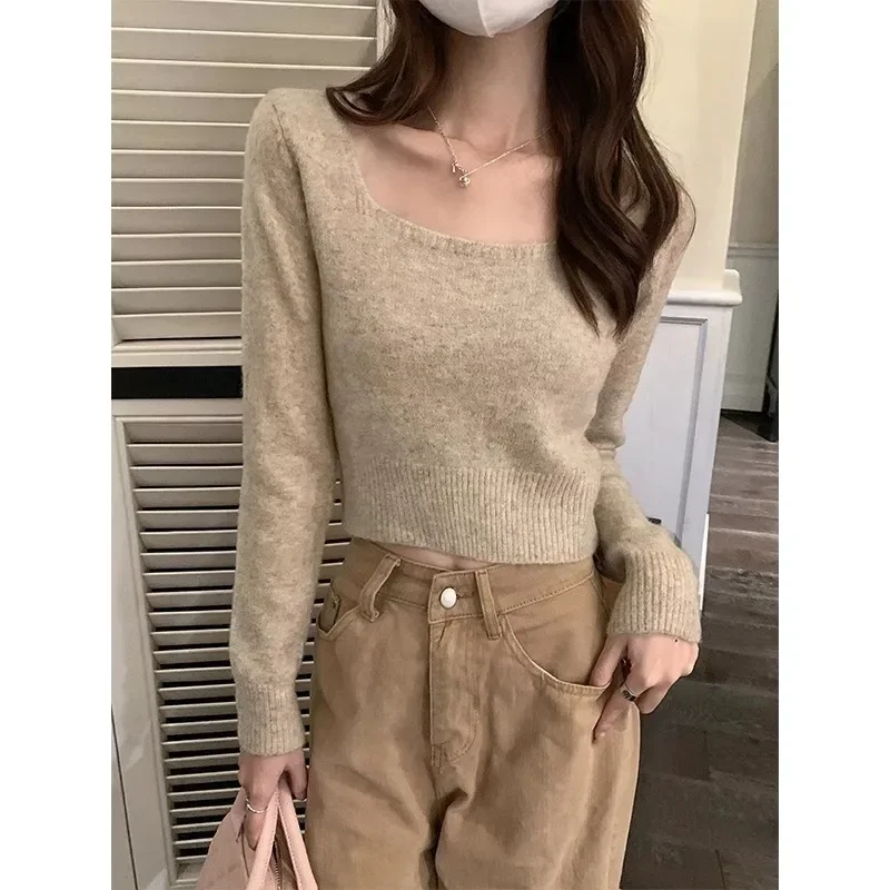 

Women New Slim Square Collar Pullover Sweater Autumn Winter Fashion Solid Colors Knitted Jumpers Hot Girls Chic Warm Pullovers