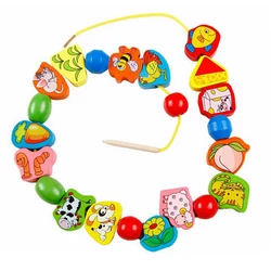 26PCS Wooden Animals Fruits Beads Children Cartoon Toys Threading Rope Montessori Early Education Puzzle Toy  Gifts for Kids TMZ