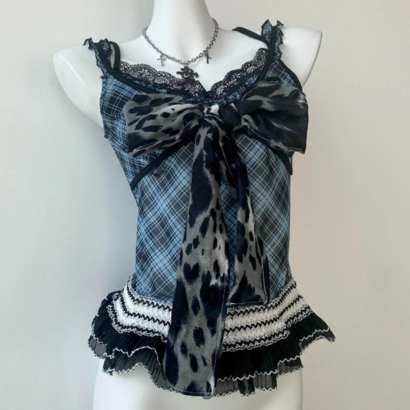 

Deeptown Sexy Vintage Lace Tanks Women Y2k Gothic Bow Plaid Corset Grunge Harajuku Patchwork Punk Female Camis Slim Up Aesthetic