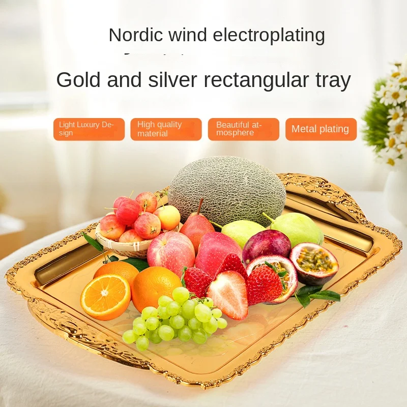 

European metal tray gold-plated fruit plate retro silver-plated square fruit plate with handle wedding hotel supplies fruit