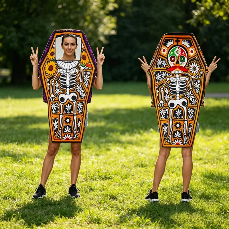 

Funny Coffin Cosplay Skull Floral Print Costume Family Meet Party Props Stage Sponge Performance Outfits Carnival Prank Unisex
