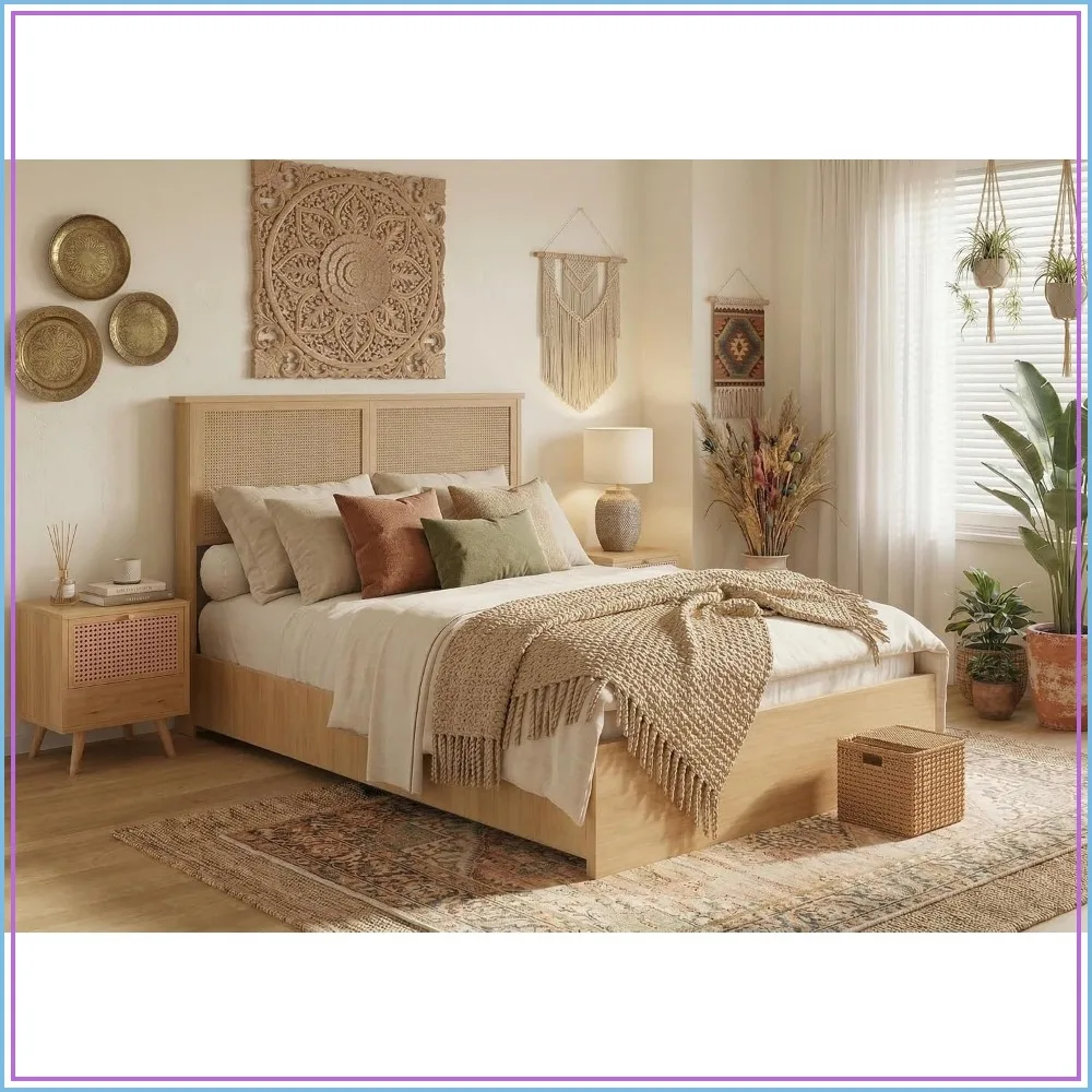 Full Rattan Bed with 4 Drawers Bohemian Headboard for Bedroom