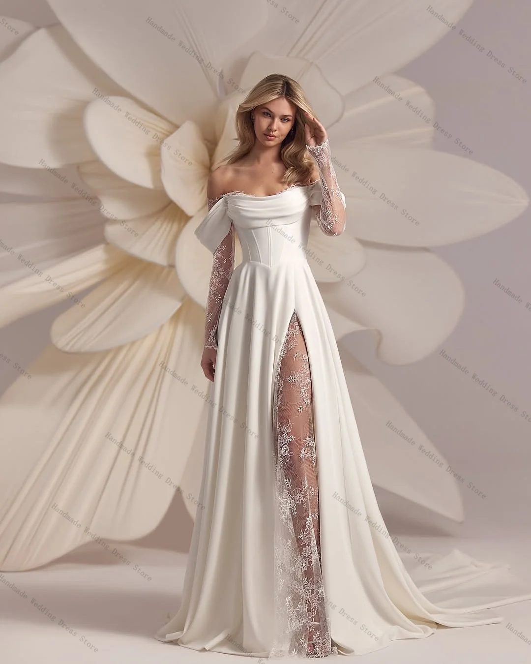 فستان زفاف نسائي أنيق مثير بدون حمالات بدون أكمام طويل على شكل حرف A فستان زفاف بأربطة من الخلف رداء مخصص
