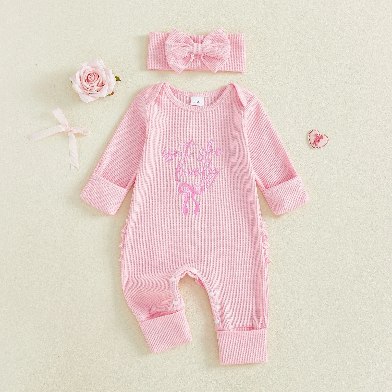 طقم رومبير رائع للفتيات الصغيرات مكون من قطعتين أنيق بأكمام طويلة ورقبة دائرية وطبعة زهور مع فيونكة عصابة رأس متطابقة #4