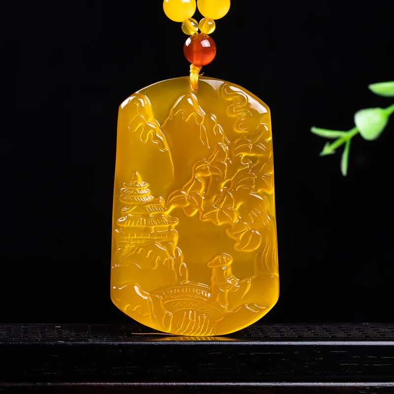 Deep yellow translucent chalcedony landscape pendant, finely detailed and even in texture, embossed jade ornament, vintage versa