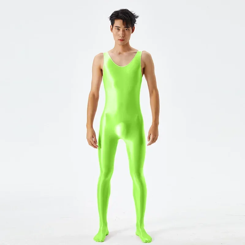 Plus-size Oily Luster Silky Jumpsuits for Men and Women with High Elastic Open Gear Free Sexy Transparent Breathable Tight