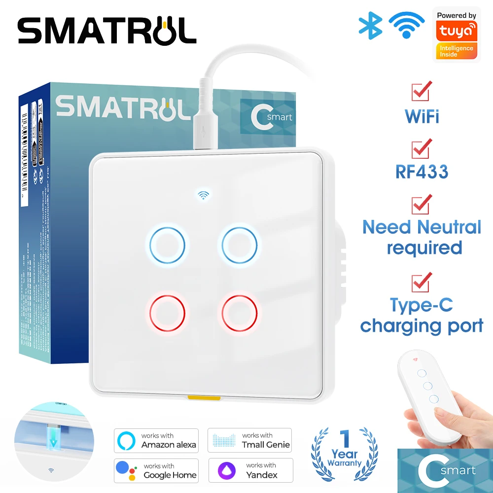 

Tuya Smart Switch EU Wall Light Touch Wall Switch 110-240v WIFI RF433 TypeC Neutral Wire Timing Voice App Alexa, Google Home