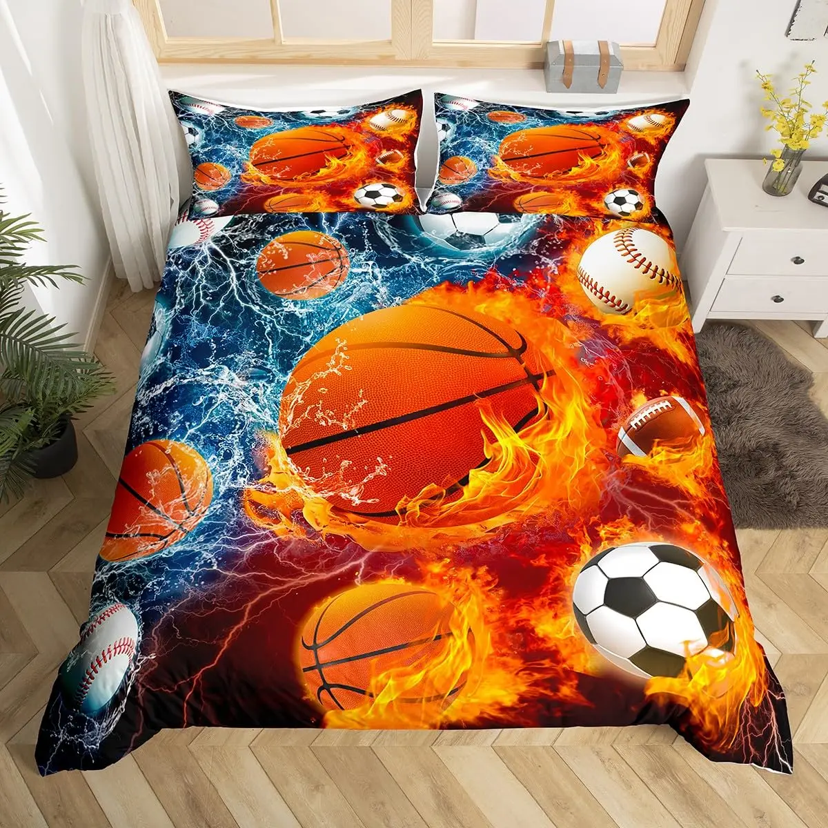 Boys Basketball Duvet Cover Twin Queen Size for Kids Teen Room Sports Bedding Set, Ball Game Comforter Cover with Pillow Case - view 3