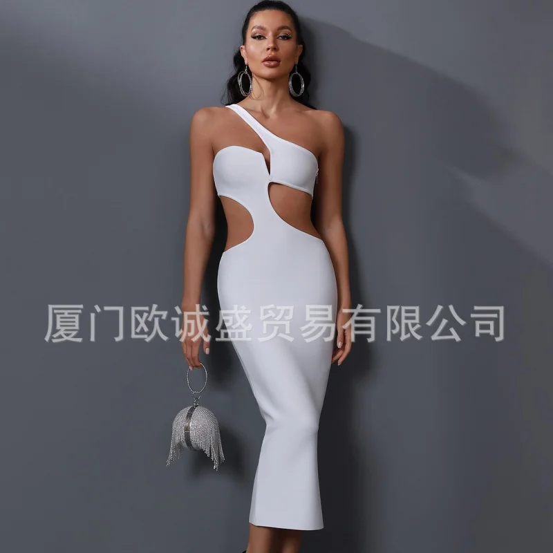 

fashion summer new one shoulder diagonal collar hollow-out midriff sexy solid color long bandage one-piece dress