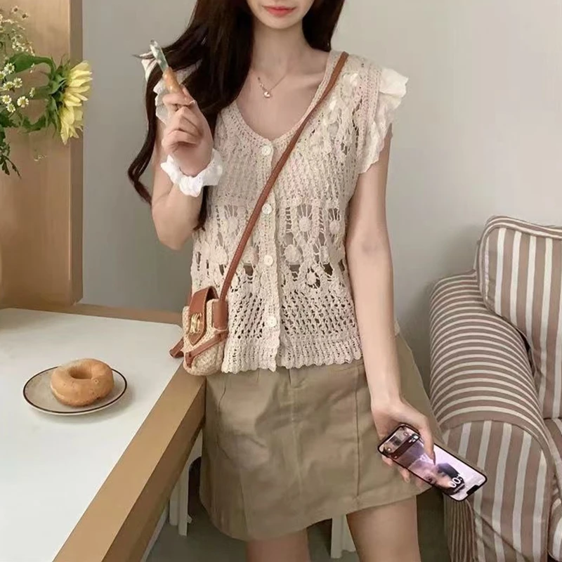 Beige White Hollow Out Crochet Lace Vest Women Summer Cute Short Jacket Coat See Through Cover Up Knit Button Cardigan