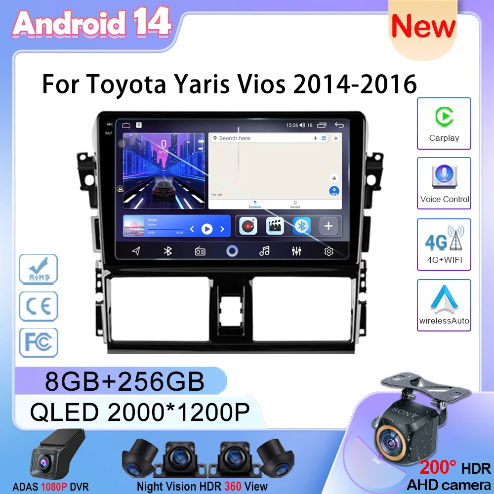 Android 14 Car Radio For Toyota Yaris Vios 2014 2015 2016 Stereo Unit Multimedia Player GPS Navigation BT Carplay Android Auto