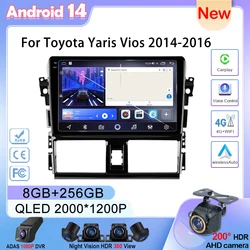 Android 14 Radio del coche para Toyota Yaris Vios 2014 2015 2016 unidad estéreo reproductor Multimedia navegación GPS BT Carplay Android Auto