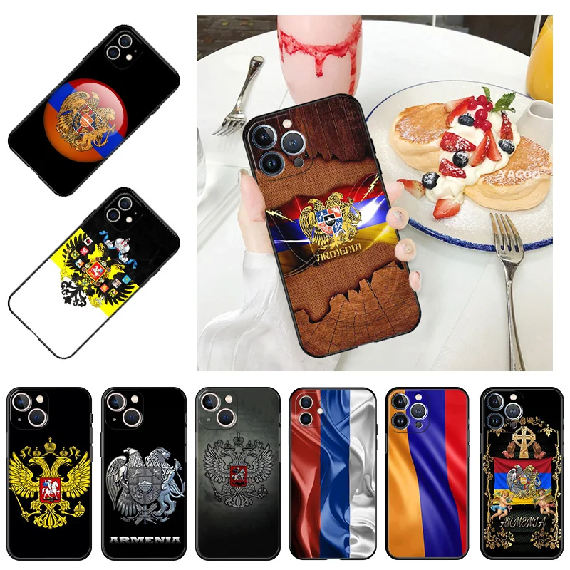 Russia Armenia Flag Black Phone Case For iPhone 14 13 12 11 Pro Max Mini X XR XS SE 2022 7 8 Plus Shockproof Bumper Soft Cover