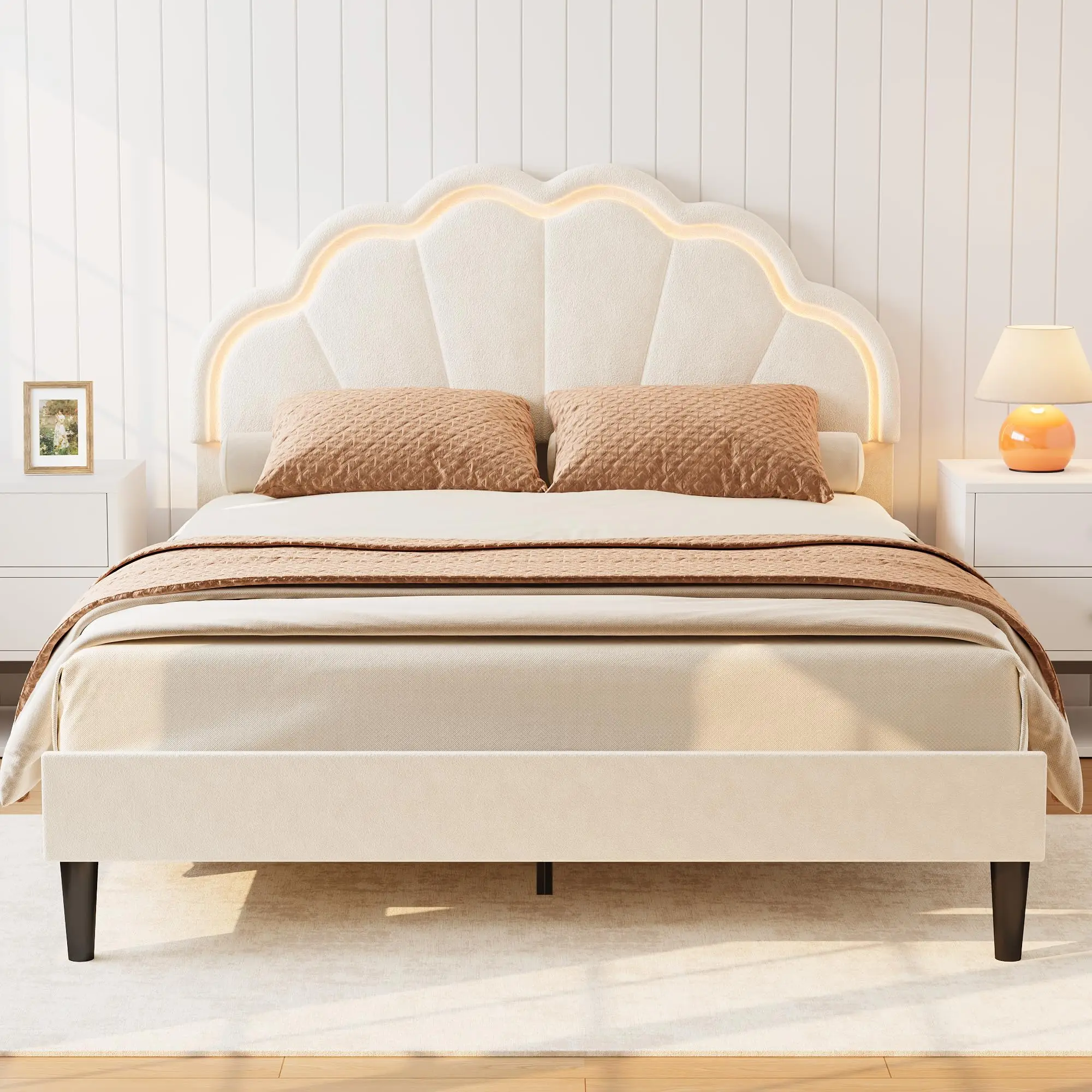 Twin Full Queen Upholstered LED Bed Frame, Velvet Shell Headboard, Adjustable Height, Underbed Storage, No Box Spring Needed, Easy Assembly