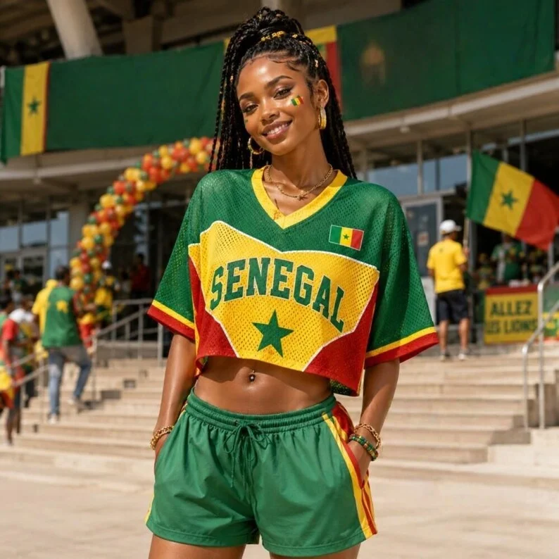 Senegal-Flaggenfarben 3D-Gedrucktes Kurzarm-T-Shirt im Jersey-Stil, Y2K Spicy Girl Style Subkultur Street Style Oberteil – Detail 5