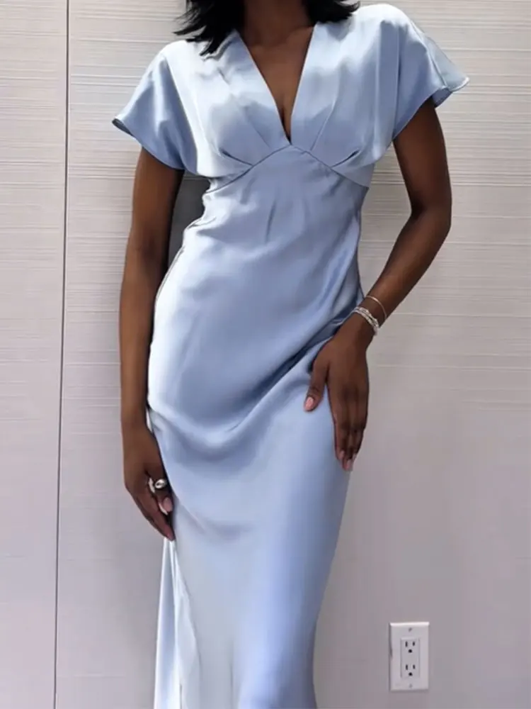 캐주얼 여성용 솔리드 드레스 실크 질감 브이넥 반팔 루즈핏 미디 드레스 2025 여름 시크 엘레강스 여성 새틴 드레스