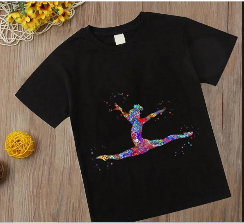 

Watercolor Gymnastic Girl Print CuteChildren's T-Shirts Kids Black Tshirt GYM Excercise Sport Lover Birthday Gift T Shirt