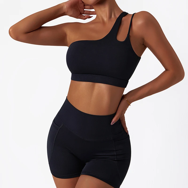 New One Shoulder Sports Suit Women\'s Set 2 Pieces Gym Tracksuit Training Bra Running Yoga Set  High Waist Leggings Women Shorts