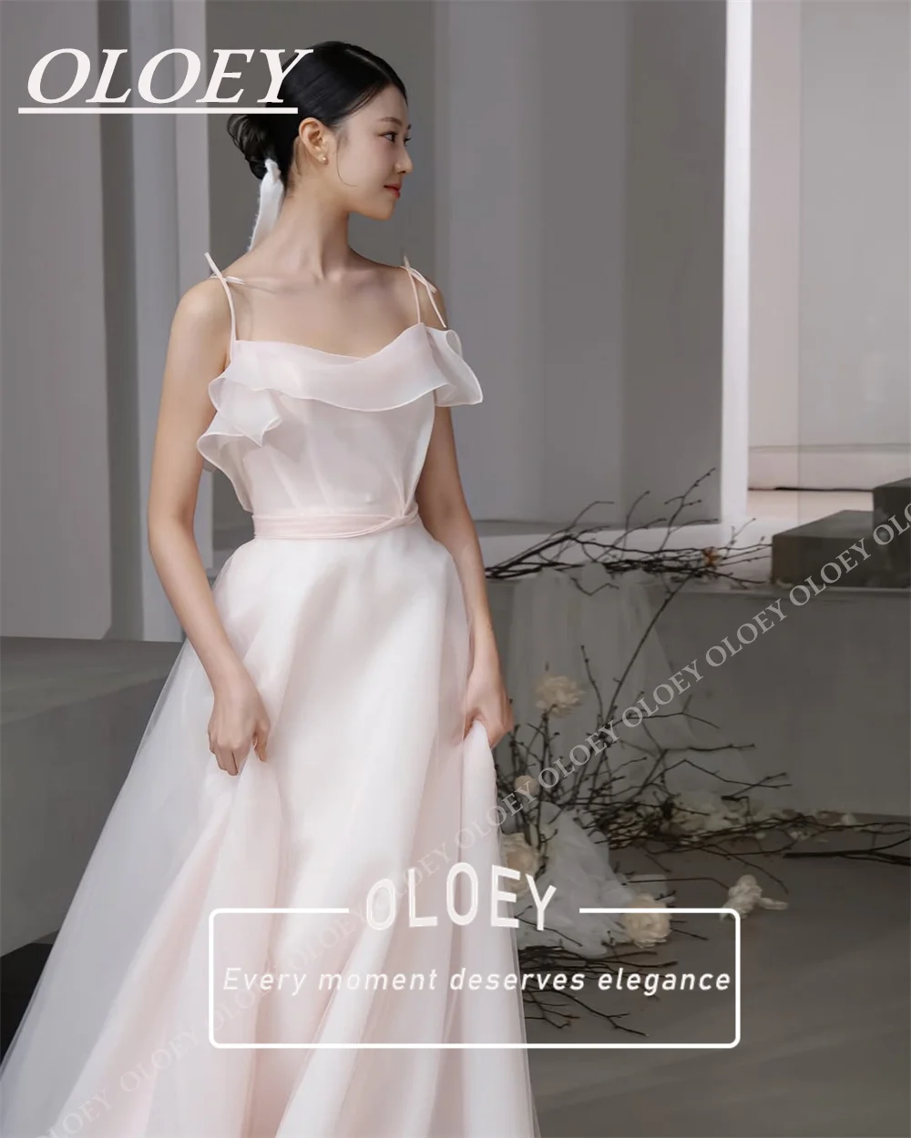 OLOEY Fairy Baby Pink Korea Wedding Photoshoot Prom Party Dress Silk Organza A-Line Evening Gown Customized Floor Length Corset view 3