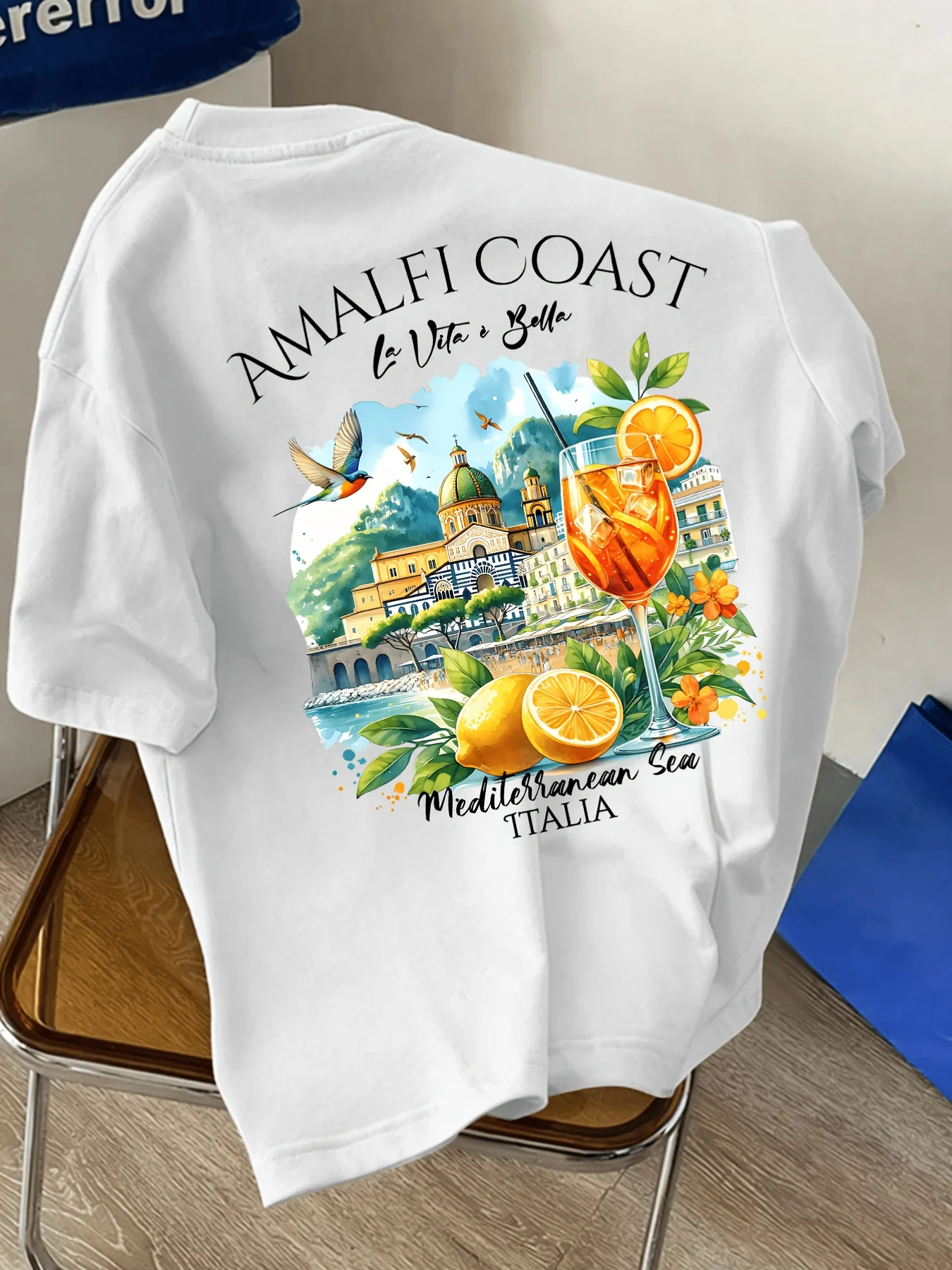 Amalfi Coast Italy Inspired Summer Graphic Print 100% Cotton Mens T Shirt for Casual Wear Exudes Bright Holiday Charm