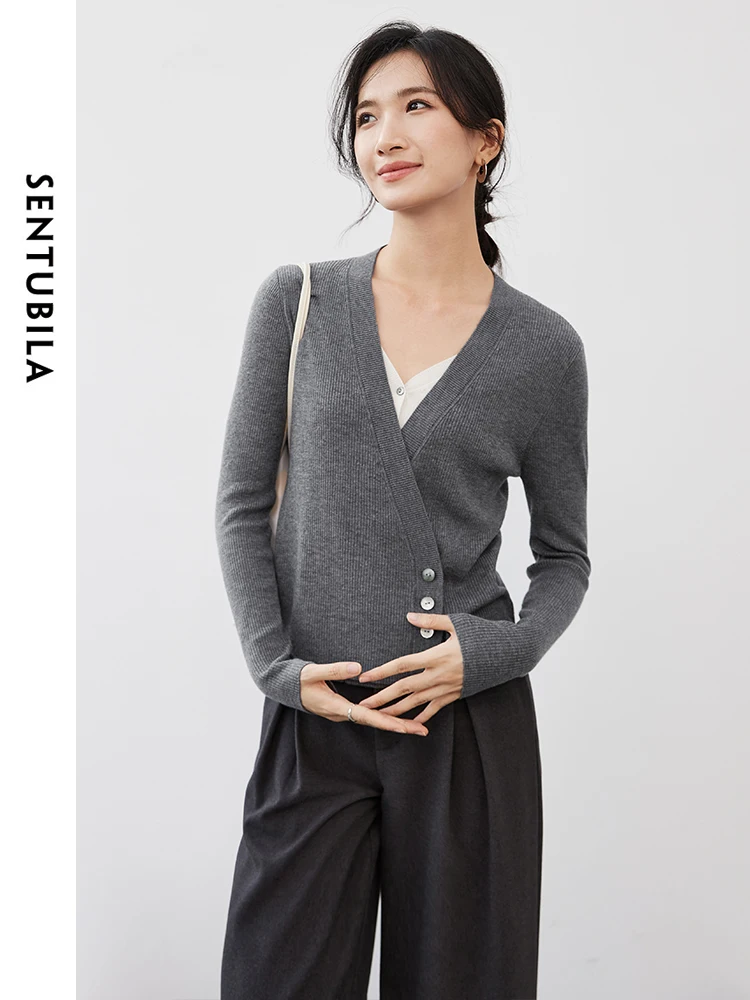 SENTUBILA Women Casual Wool Cardigan   2024 Autumn Spliced Slim Fit V Neck 2 in 1 Knitted  Tops Simple  Clothes W43H56236