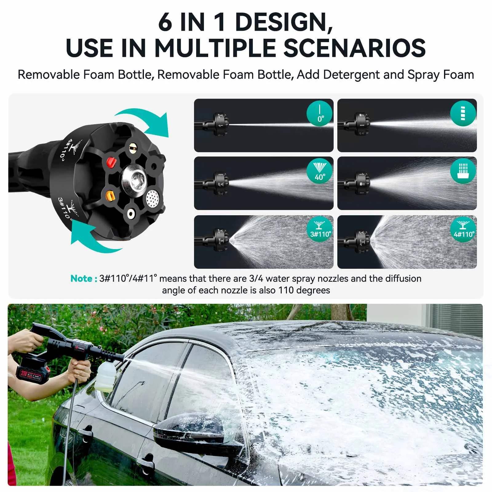 600-800psi 6-in-1 Nozzle Cordless Car Wash Water Gun Car Washer Washing Cleaner Machine EU Plug