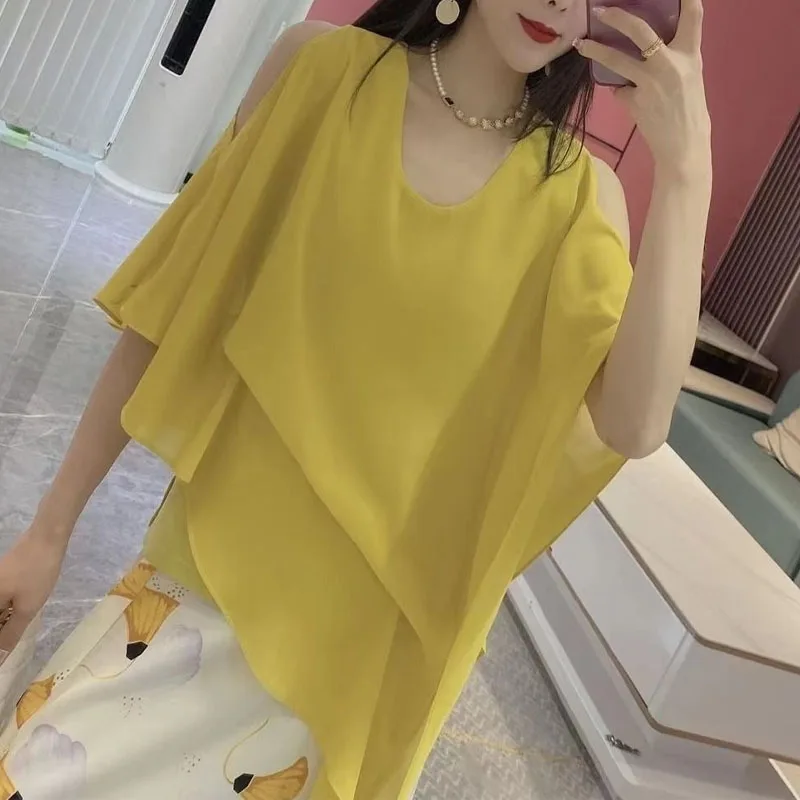 Trend All-match Solid Color Irregular Chiffon Blouse Summer Women\'s Clothing Off Shoulder Casual Round Neck Shirt for Female