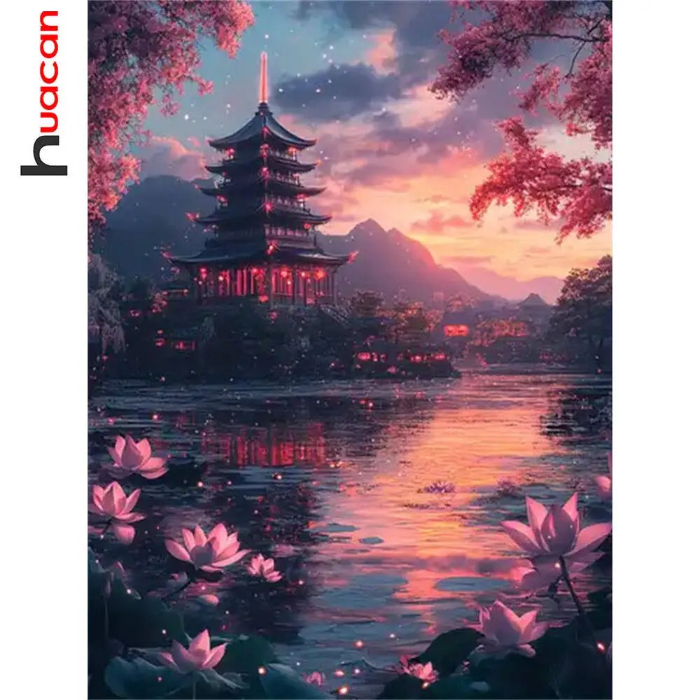 Huacan 5D DIY Lotusteich Sonnenuntergang Turm Diamant Malerei Vollquadrat Rund Strass Bilder Diamant Mosaik Wand Dekor