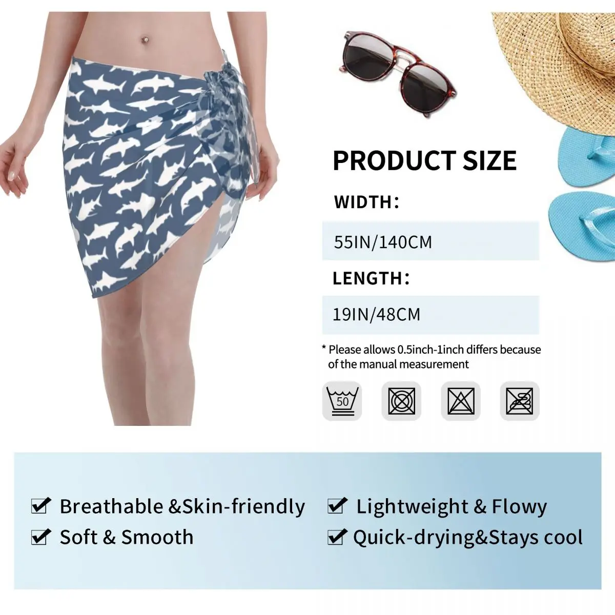 Personalizado legal tubarões em azul marinho vestido de praia casual decorar feminino sarongs curtos envoltório de praia para roupa de banho