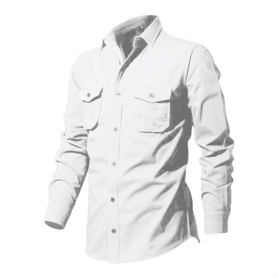 White Men Tactical Cargo Shirts Pockets Long Sleeve Men\'s Clothing 2024 New Loose Casual Chemise Hombre Lapel Tops Streetwear