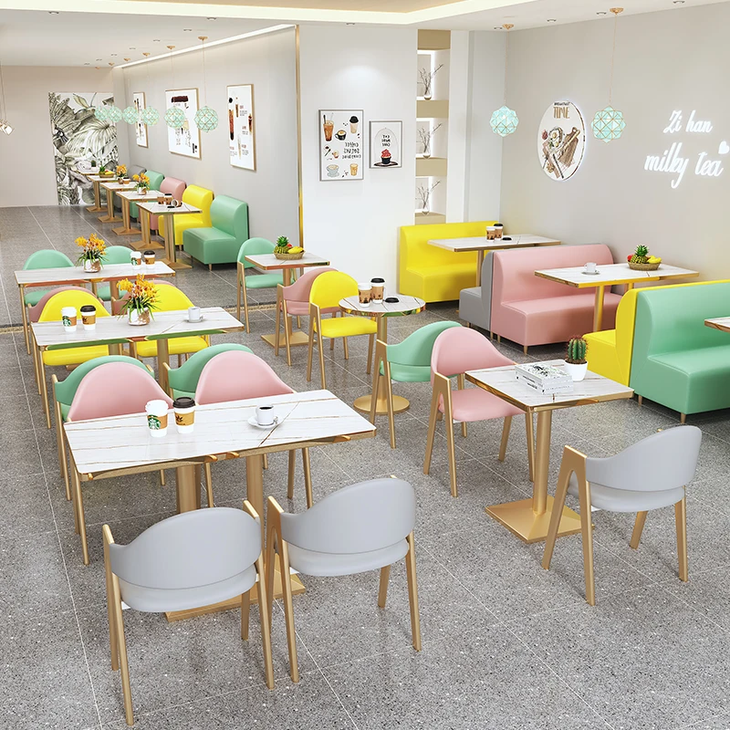 Modern Restaurant Cafe pink Booth Sofa Coffee Shop Golden Metal Chairs and Marble Table Bench Seating Furniture Set