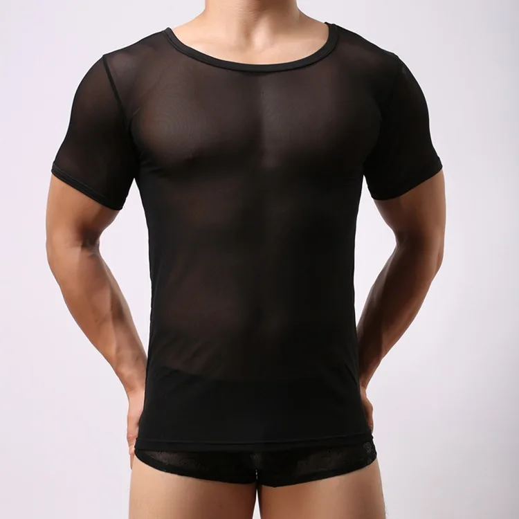 Men Short Sleeved Top Youth Mesh Transparent Bodysuit Gay Breathable Sexy Short Sleeved Round Neck Loose T-shirt Bottom Lingerie