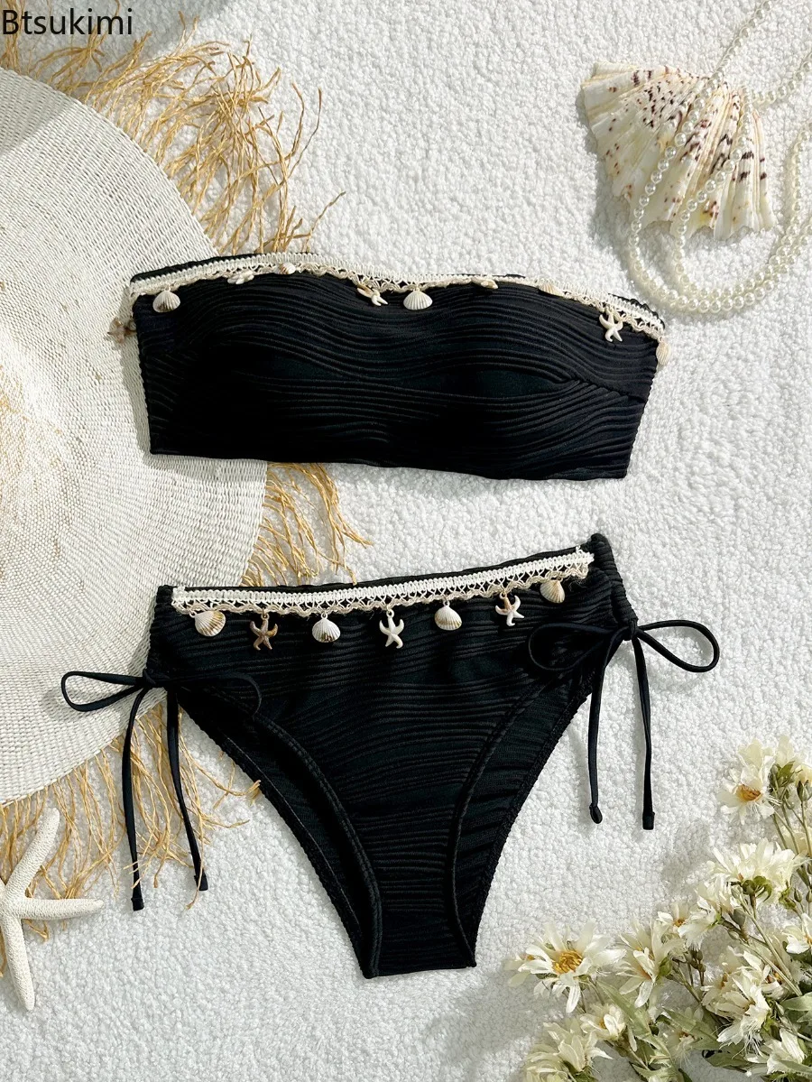 Women's Sexy Strapless Bikini Set Solid Color Shell Starfish Push Up Drawstring Swimsuit Summer Casual Vacation Beach Swimsuit