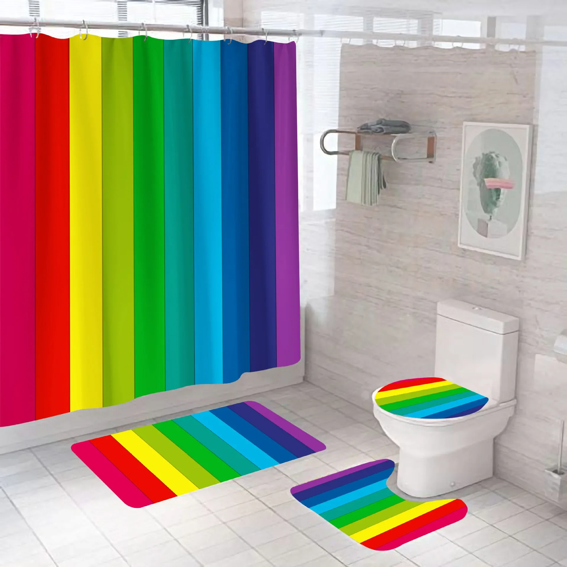 مجموعة ستائر الدش المكعبة الملونة بألوان قوس قزح ومجموعة سجاد الحمام بنمط نابض بالحياة مجموعة ستائر الحمام لديكور المنزل والحمام #4