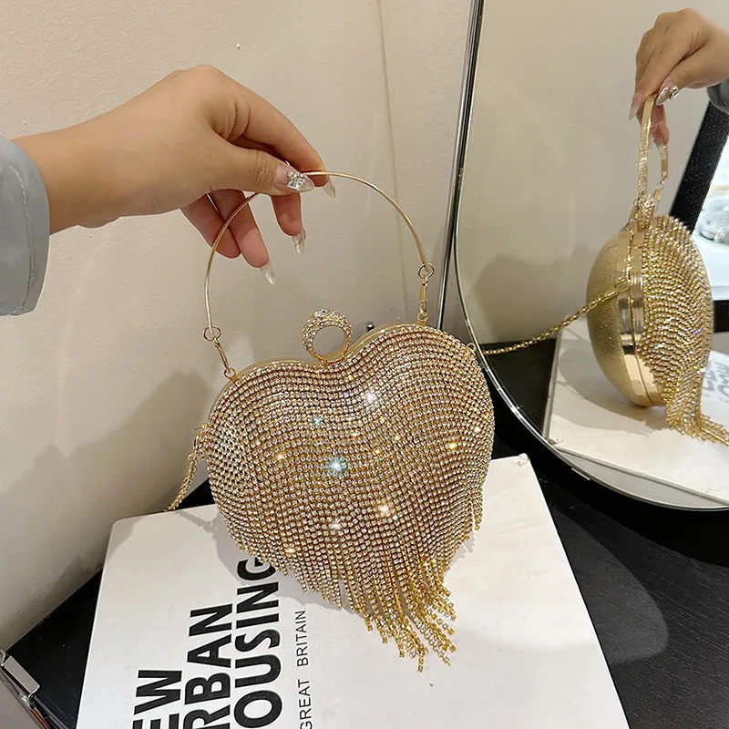 Tassel Diamond Handbags for Women 2024 Trend Fashion Evening Bag Chic Party Cute Luxury High Quality Heart Female Shoulder Bag